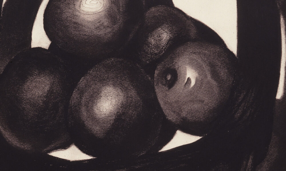 A still life of avocados in a basket rendered in charcoal on a white ground uses radically simplified forms. Two offset circles evoke a basket and its shadow. Within the circles, ovals highlighted to imply 3 dimensions, seem to hover above, not sit within, the basket interior.