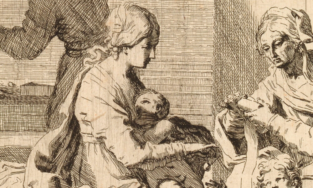Etching shows the Virgin Mary nursing Jesus and dangling an object for a toddler-aged Saint John. Saint Elizabeth is on the right, her face weathered and her hands occupied. Saint Joseph, carpentry tools in hand, occupies the background, a raised axe in his right hand.