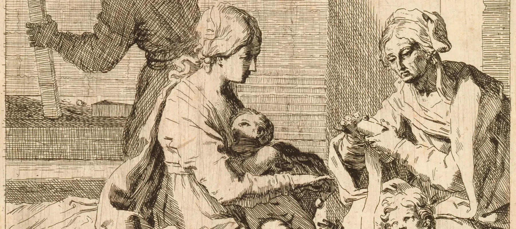 Etching shows the Virgin Mary nursing Jesus and dangling an object for a toddler-aged Saint John. Saint Elizabeth is on the right, her face weathered and her hands occupied. Saint Joseph, carpentry tools in hand, occupies the background, a raised axe in his right hand.