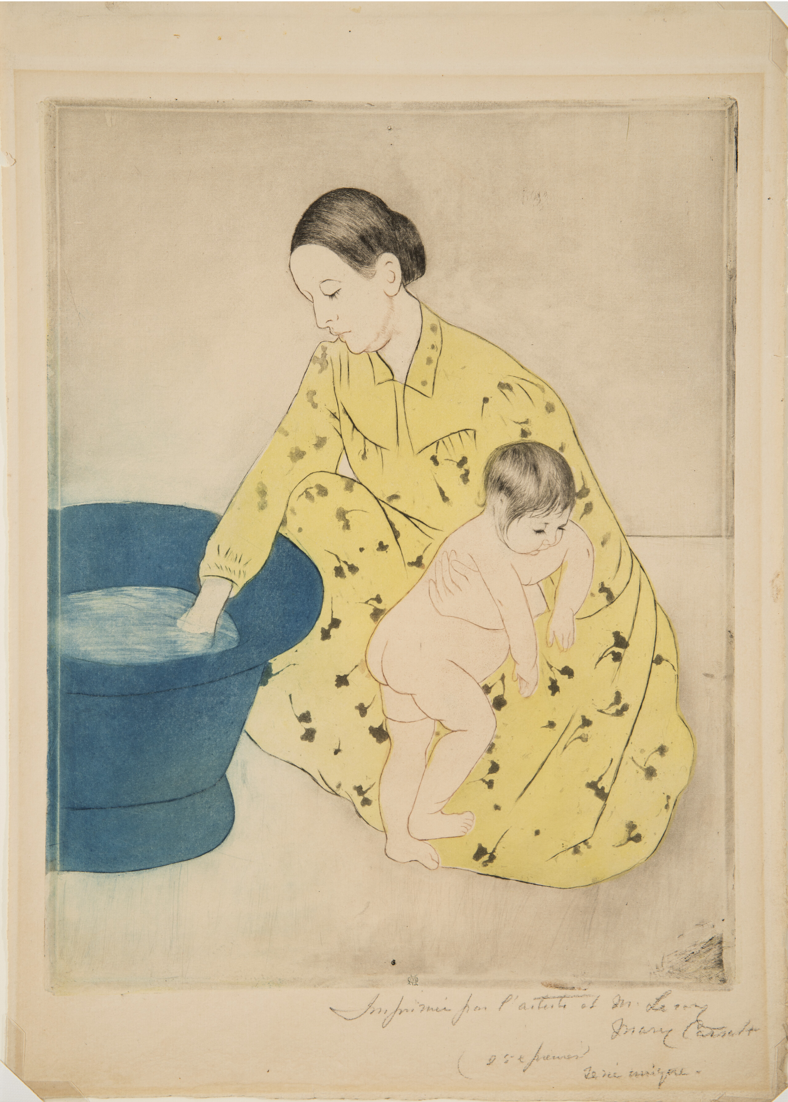 A print shows a dark-haired, light-skinned woman wearing a yellow dress and kneeling near a blue tub. Her right hand tests the water, and her left gently restrains a naked child who faces the opposite direction as if squirming away. Minimal shading flattens the space they occupy.