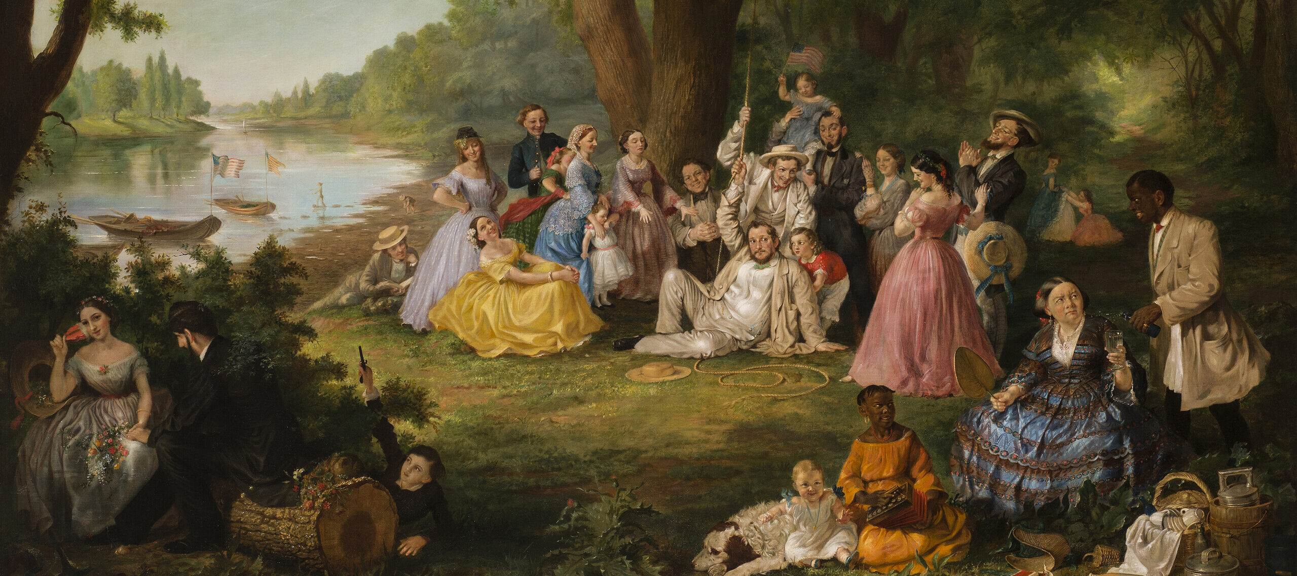 A chubby, light-skinned man in a white suit sprawls on the ground atop a wooden swing seat and frayed rope. A mirthful group of men, women, and children surround him. In the right foreground, a dark-skinned servant watching these antics splashes liquid on a surly older woman.