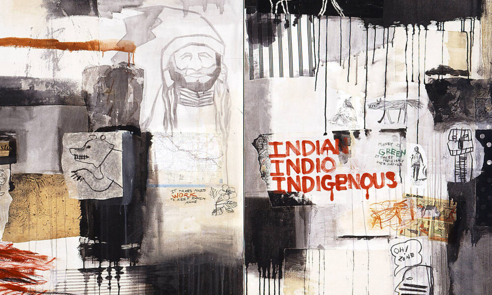 A horizontal canvas combines collaged paper, such as a scrap of a U.S. map, comic strip, and pictographs; cloth swatches; scrawled and dripped paint; and phrases like “It takes hard work to keep racism alive” and “Oh! Zone.” The work’s title appears in red paint right of center.