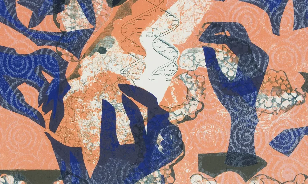 Cobalt, ghostly hands gently reaching toward the center of a painting against a salmon-colored background with another cobalt shape in the upper-right corner. Bubbly white textures and black shapes are layered over the cobalt and salmon, along with a grid of white spirals.