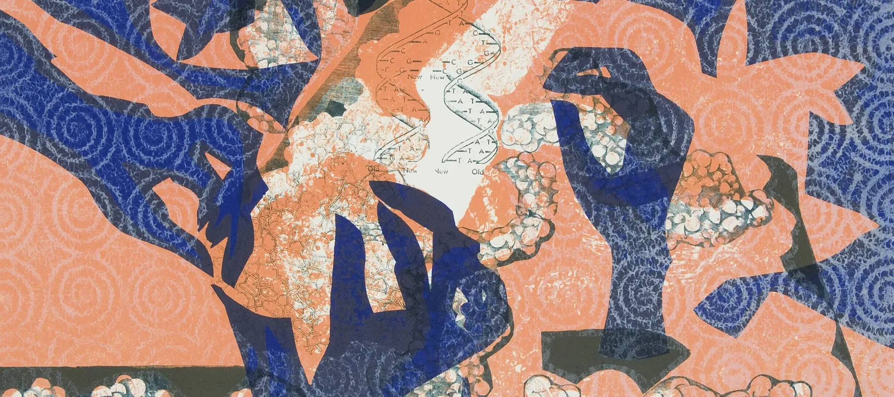 Cobalt, ghostly hands gently reaching toward the center of a painting against a salmon-colored background with another cobalt shape in the upper-right corner. Bubbly white textures and black shapes are layered over the cobalt and salmon, along with a grid of white spirals.