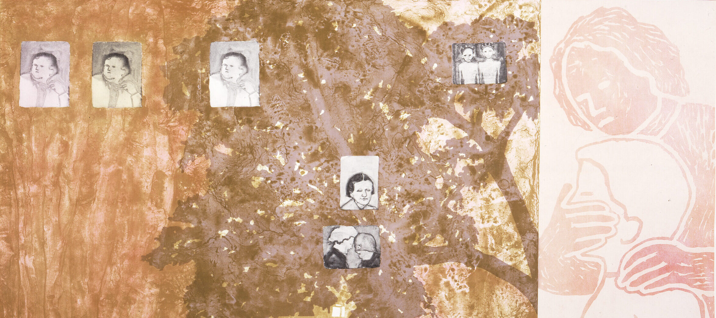 Ida Applebroog, <em>Promise I Won't Die?</em>, 1987; Lithograph, linocut, watercolor on paper, 40 x 51 1/2 x 1 1/2 in.; National Museum of Women in the Arts, Museum purchase: Members' Acquisition Fund; © Ida Applebroog