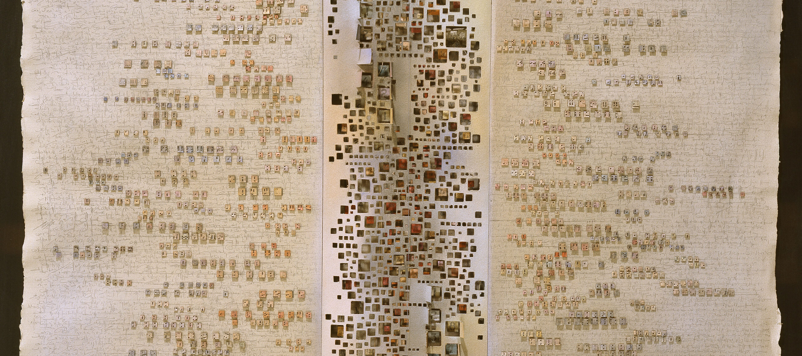 Large sheet of parchment with vertical creases appearing as open pages unbound from a book. Down the center spine, varying-sized squares have been cut out, creating a three-dimensional quality. The cut-out squares have been arranged to resemble musical score on the adjacent pages.