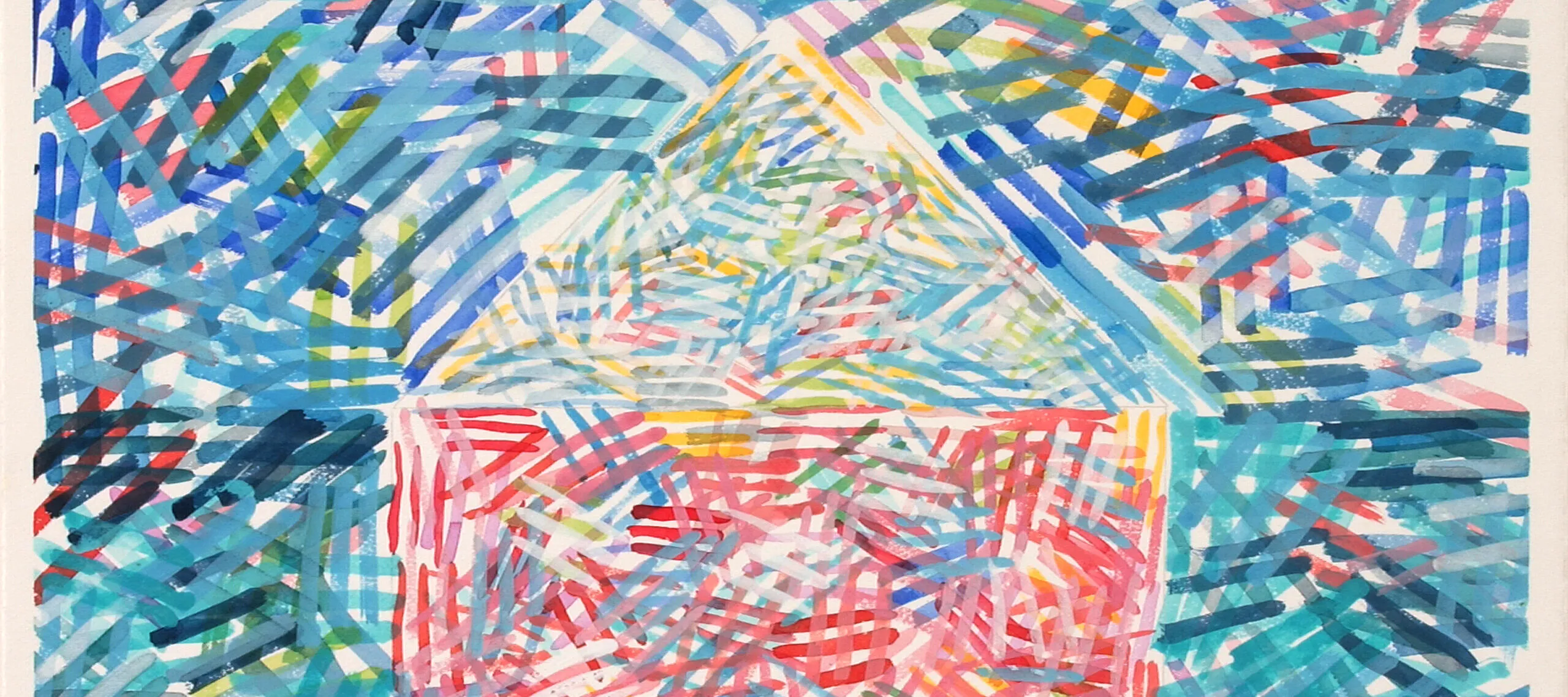 The image of a simple house, with pale red walls, a pastel roof, green ground, and multicolored blue sky, is rendered in overlapping hashmarks.