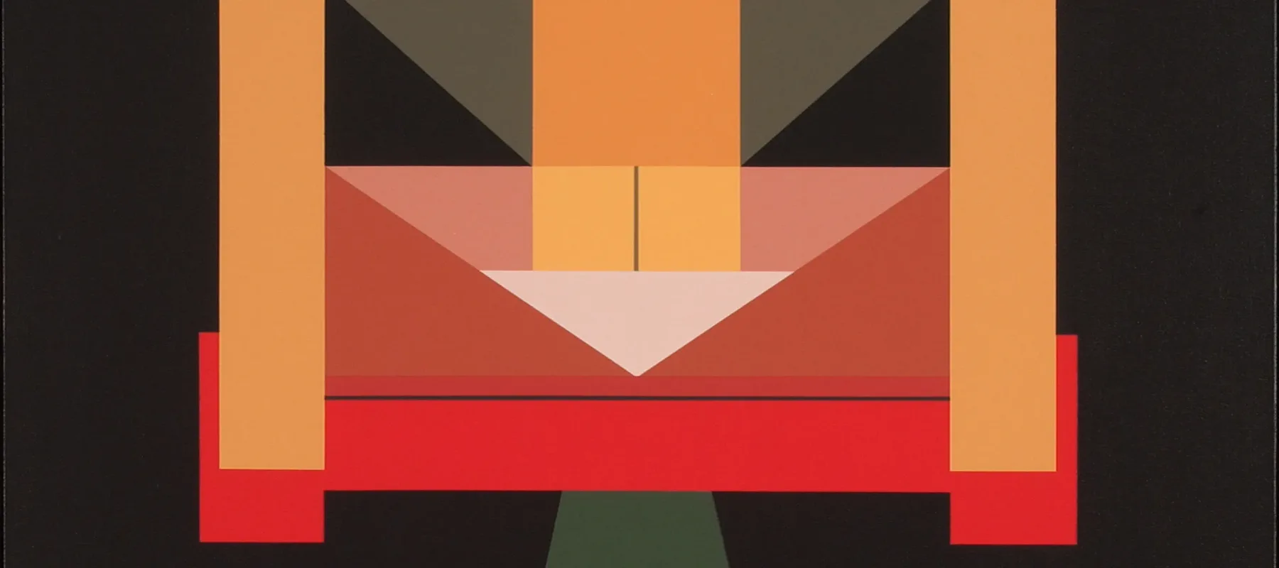 An abstract geometric painting featuring three peach colored rectangular columns atop a plane of dark brown, grey, and teal green. There are also red, pink, and white segments that form triangles, rectangles, and squares.