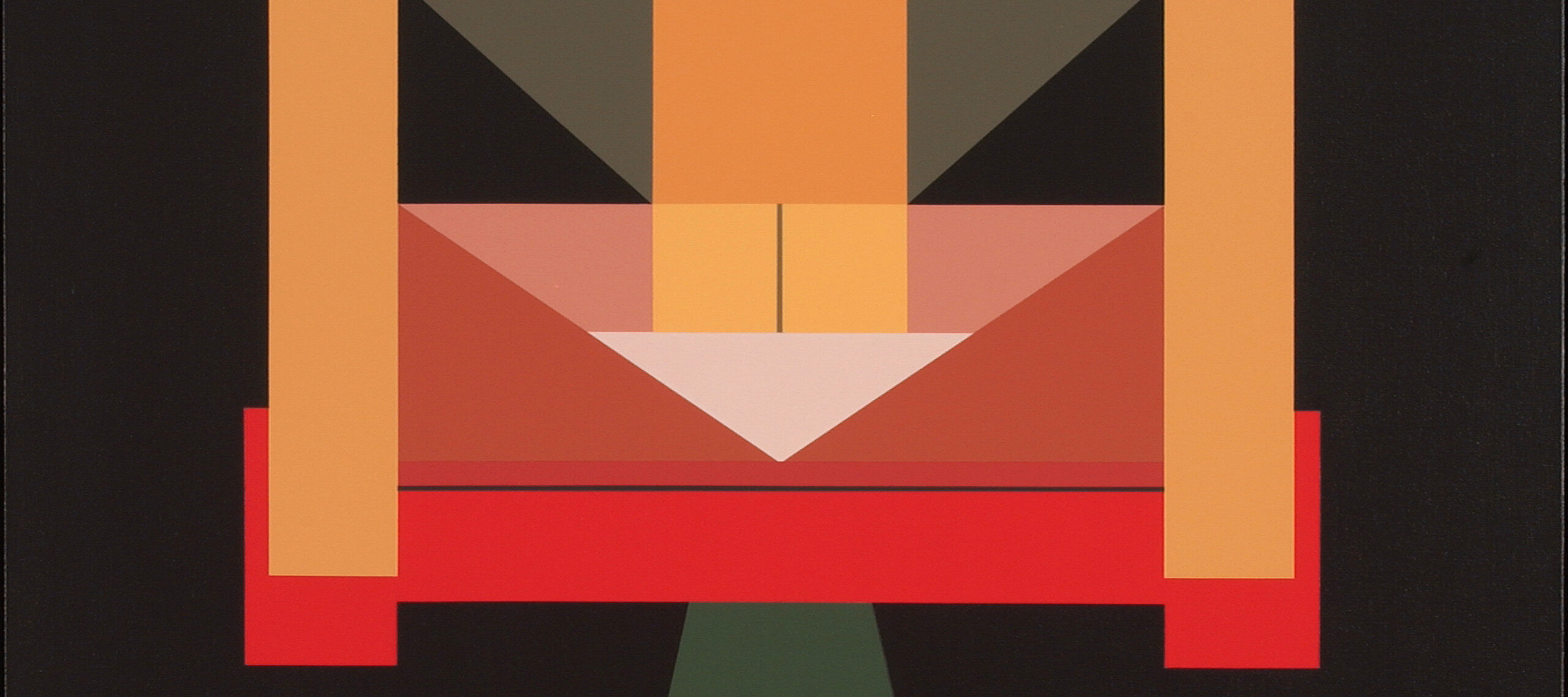 An abstract geometric painting featuring three peach colored rectangular columns atop a plane of dark brown, grey, and teal green. There are also red, pink, and white segments that form triangles, rectangles, and squares.