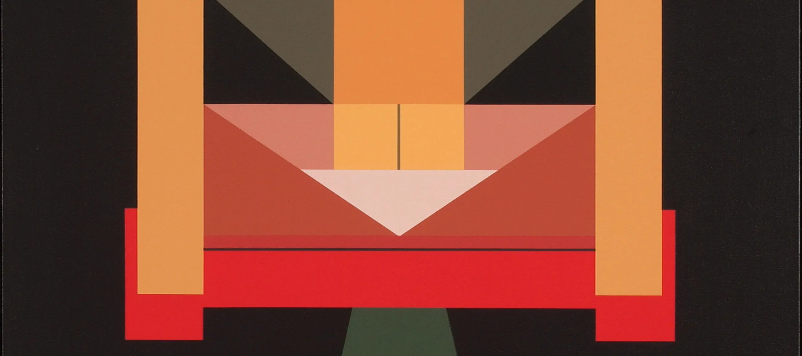 An abstract geometric painting featuring three peach colored rectangular columns atop a plane of dark brown, grey, and teal green. There are also red, pink, and white segments that form triangles, rectangles, and squares.