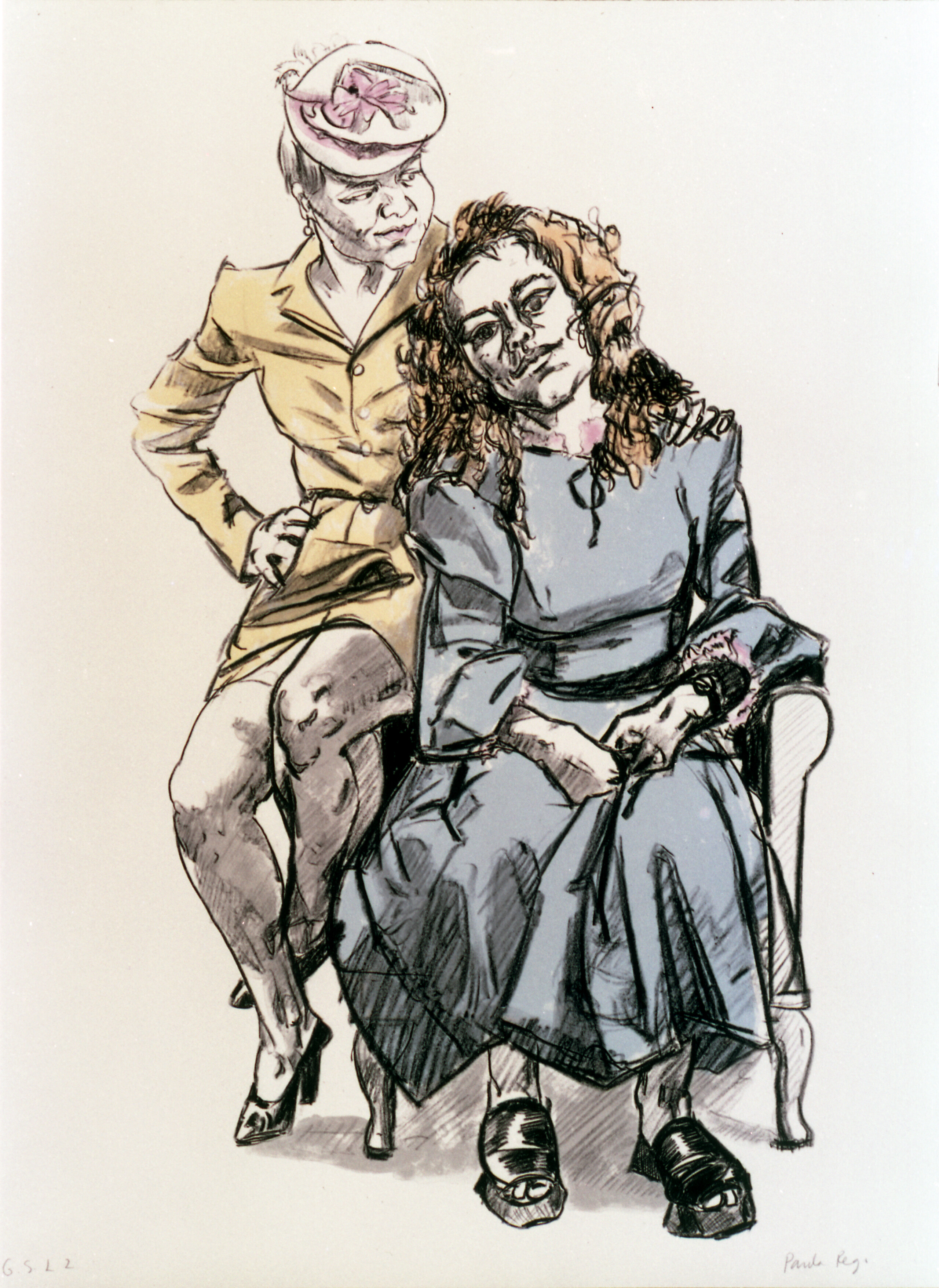 A black line drawing of two light-skinned women. One woman in a light blue dress with curly brown hair sits on a chair and gazes at the viewer, while the other, older woman in a yellow dress and dainty pink hat sits on the chair’s armrest with her hand on the woman in blue’s shoulder.