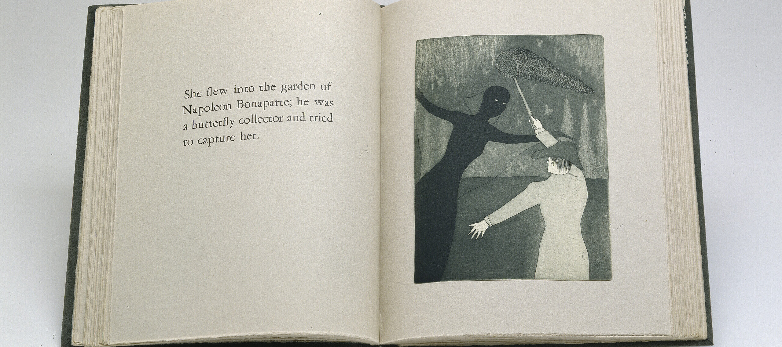 Audrey Niffenegger, <em>The Adventuress</em>, 1983-1985; Aquatint and etching on Japanese paper, hand-marbled endpapers, Utrasuede binding, 9 1/2 x 11 in.; National Museum of Women in the Arts, Museum purchase:  United States Department of Education Fund; © Audrey Niffenegger