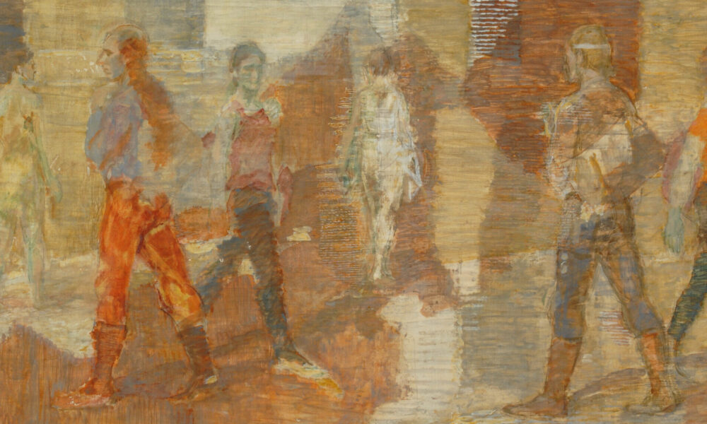 Six painted figures walk through a space structured by rectangular shapes of red, brown and tan. Dressed mainly in pants, boots and shortsleeved shirts, the figures pass each other without interacting and move in many directions. The texture of the panel surface shows through the paint.