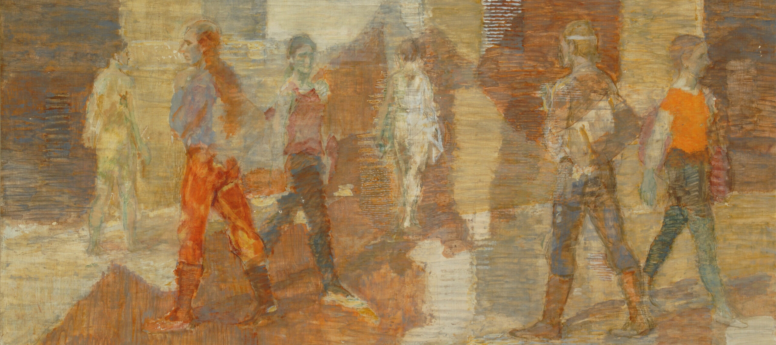 Six painted figures walk through a space structured by rectangular shapes of red, brown and tan. Dressed mainly in pants, boots and shortsleeved shirts, the figures pass each other without interacting and move in many directions. The texture of the panel surface shows through the paint.