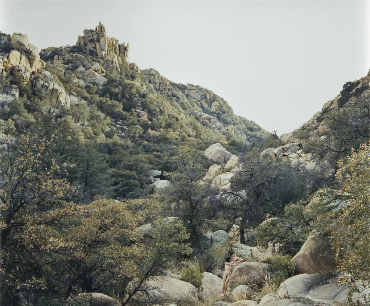 A photograph depicts a mountain covered in green trees and grass. At the foot of the mountain, a young woman is standing holding up her child. The woman and the child are naked and blending into the background of gray and beige rocks.