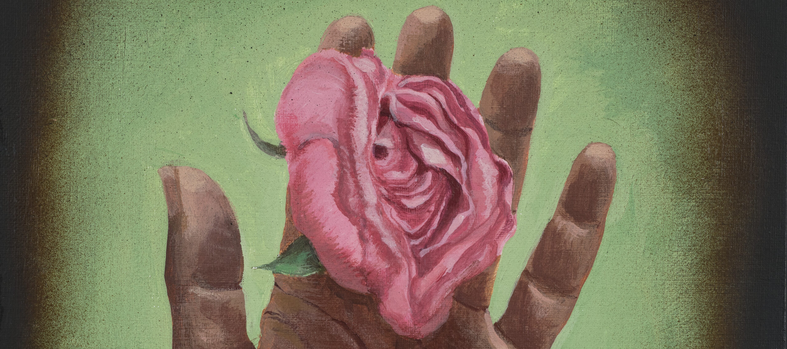 A realistic painting of a medium-dark skinned left hand facing palm-up against a light green background that fades to black. Resting on the hand is a pink rose and two full petals are falling from it.