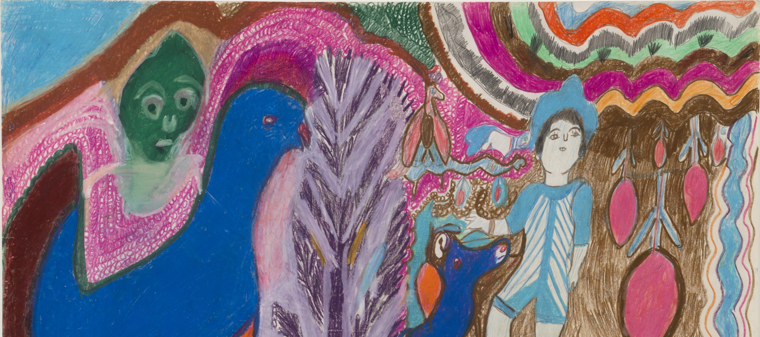 A vividly colored drawing of multiple elements including a large blue bird at the left, over which hovers a green face. In the center is a purple tree.To the right are a black donkey, a figure dressed in light blue stripes and a dark blue dog.