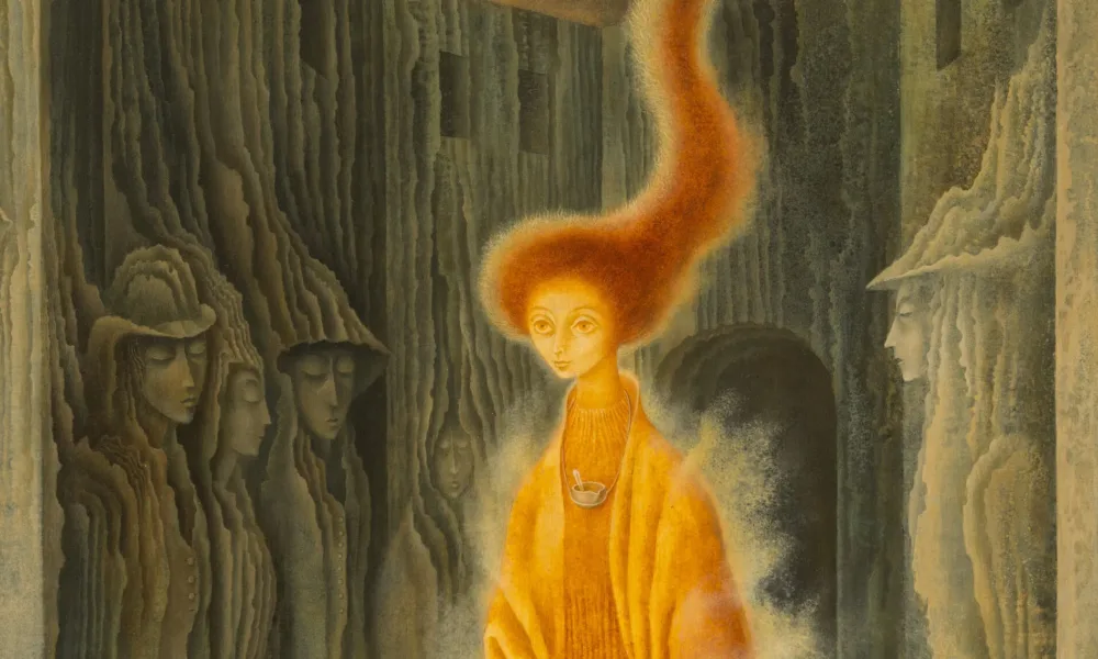 Rendered with precise brushwork, a tall, thin figure strides forward wearing flowing, orange garments emanating a misty golden aura. Her fiery red hair stretches heavenward, encircling a celestial orb. Figures appear encased in the walls of the concave structure surrounding her.