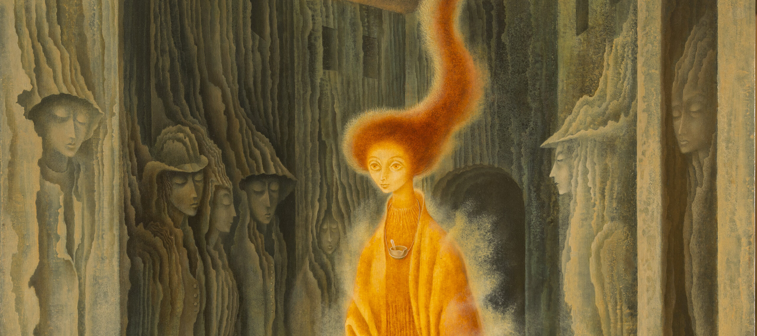 Rendered with precise brushwork, a tall, thin figure strides forward wearing flowing, orange garments emanating a misty golden aura. Her fiery red hair stretches heavenward, encircling a celestial orb. Figures appear encased in the walls of the concave structure surrounding her.