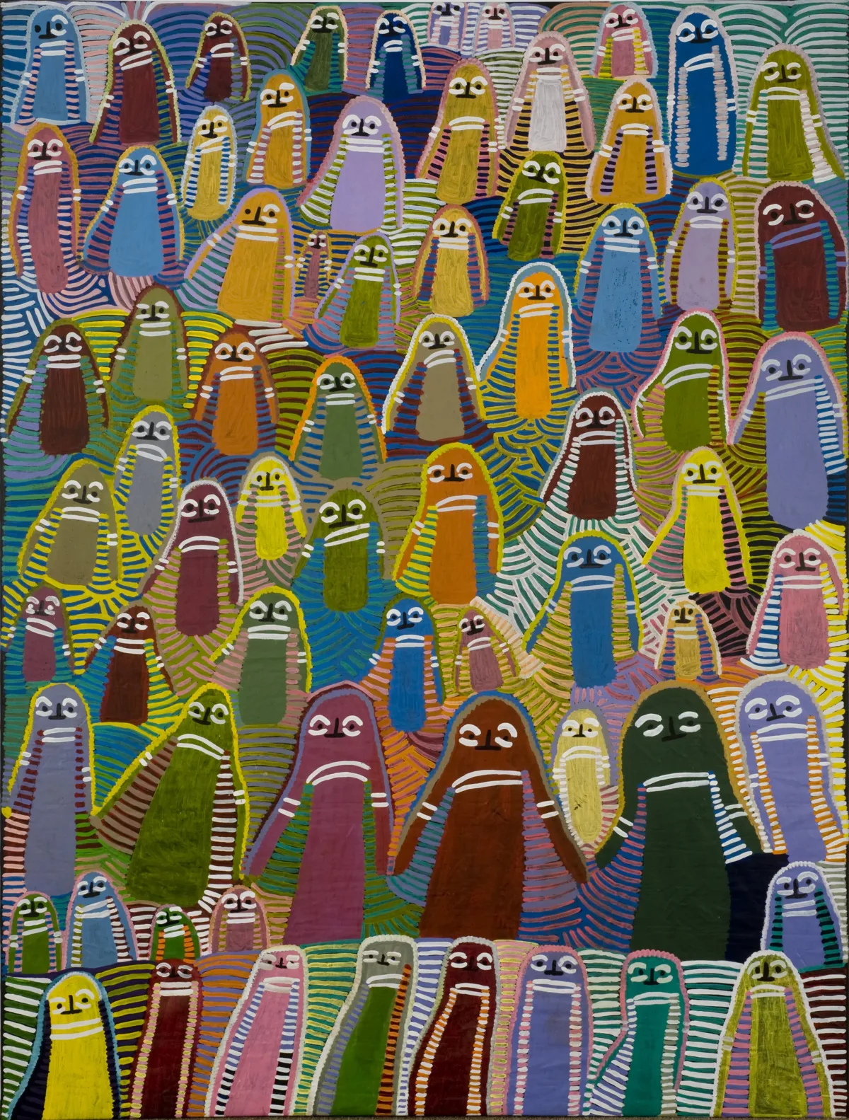 A colorful painting with little figures in different colors stacked on top of each other. The figures hold hands and have faces painted on in white. Behind the figures, lines in different colors create a pattern.