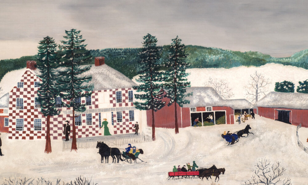 Idyllic landscape painted in a naive, folk style. The painting features a large house and red barns surrounded by white snow, bare and pine trees, and distant, green hills. Light-skinned people mill about, some working in barns, and many in horse-drawn sleds, under a gray sky.