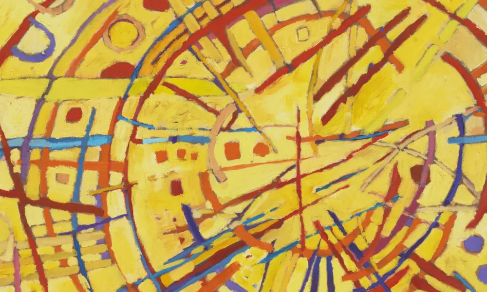 Abstract painting features a vivid yellow background covered by circles, daubs, and straight and wavy lines in red, orange, cobalt, sky blue, and violet. Arcing red strokes evoke concentric circles. Straight lines in other hues radiate out from the center circle like a starburst.