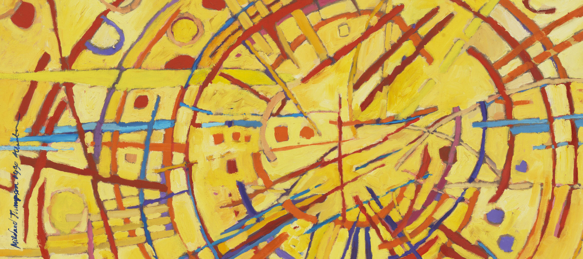 Abstract painting features a vivid yellow background covered by circles, daubs, and straight and wavy lines in red, orange, cobalt, sky blue, and violet. Arcing red strokes evoke concentric circles. Straight lines in other hues radiate out from the center circle like a starburst.