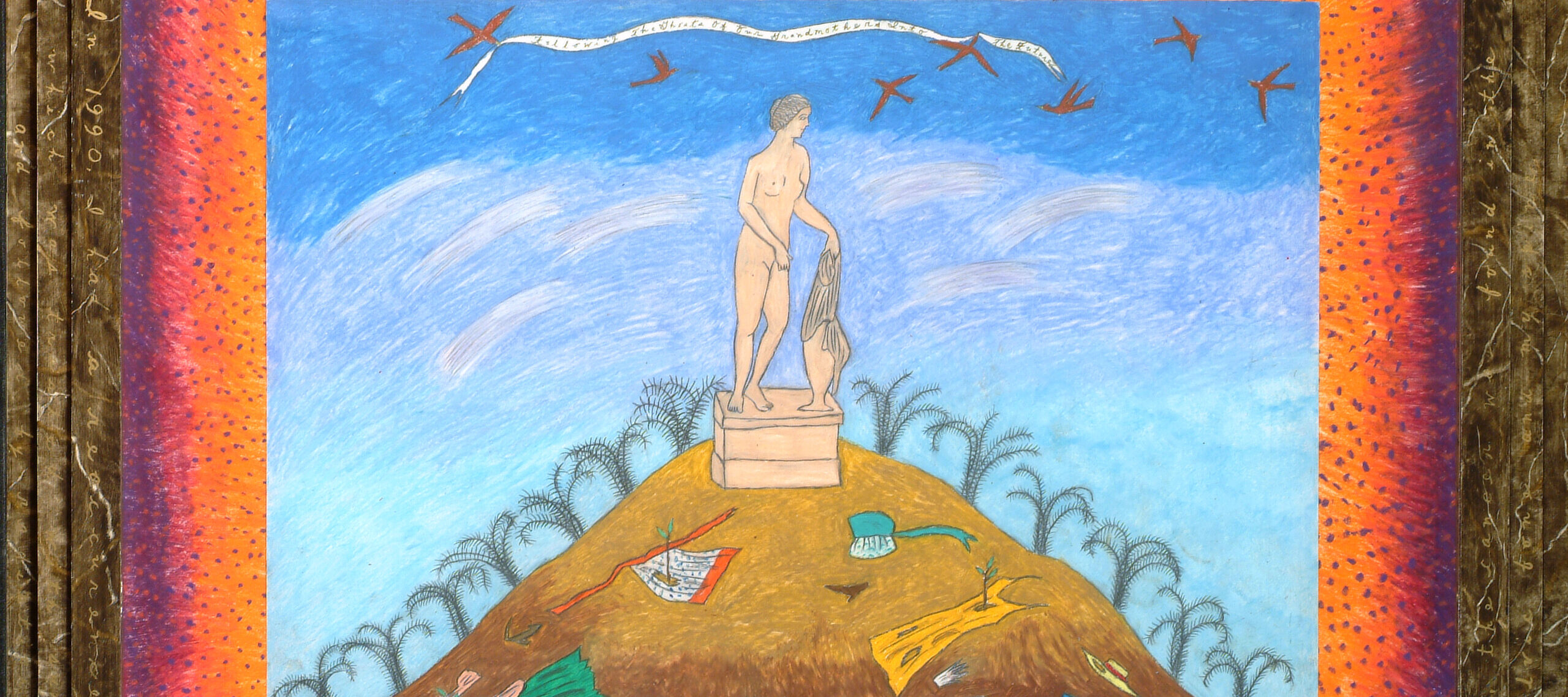 Hollis Sigler, <em>Following the Ghosts of Our Grandmothers into the Future</em>, 1992; Oil and pastel on paper, with painted frame, 29 x 34 in.; National Museum of Women in the Arts, Promised Gift of Steven Scott, Baltimore, in memory of the artist; © Hollis Sigler