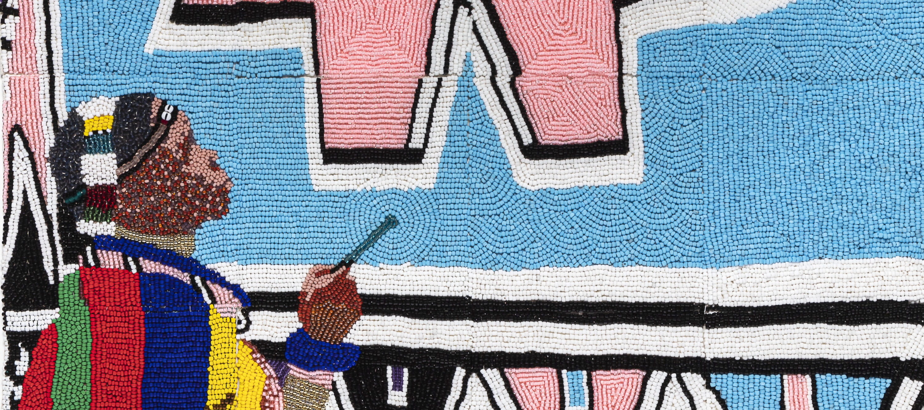 Sonya Clark, <em>Esther Mahlangu’s Touch</em>, 2015; Glass beads, 16 x 16 in.; NMWA, Museum purchase: Members’ Acquisition Fund and Belinda de Gaudemar Acquisition Fund; © Sonya Clark; Photo by Taylor Dabney”>

										<figcaption id=