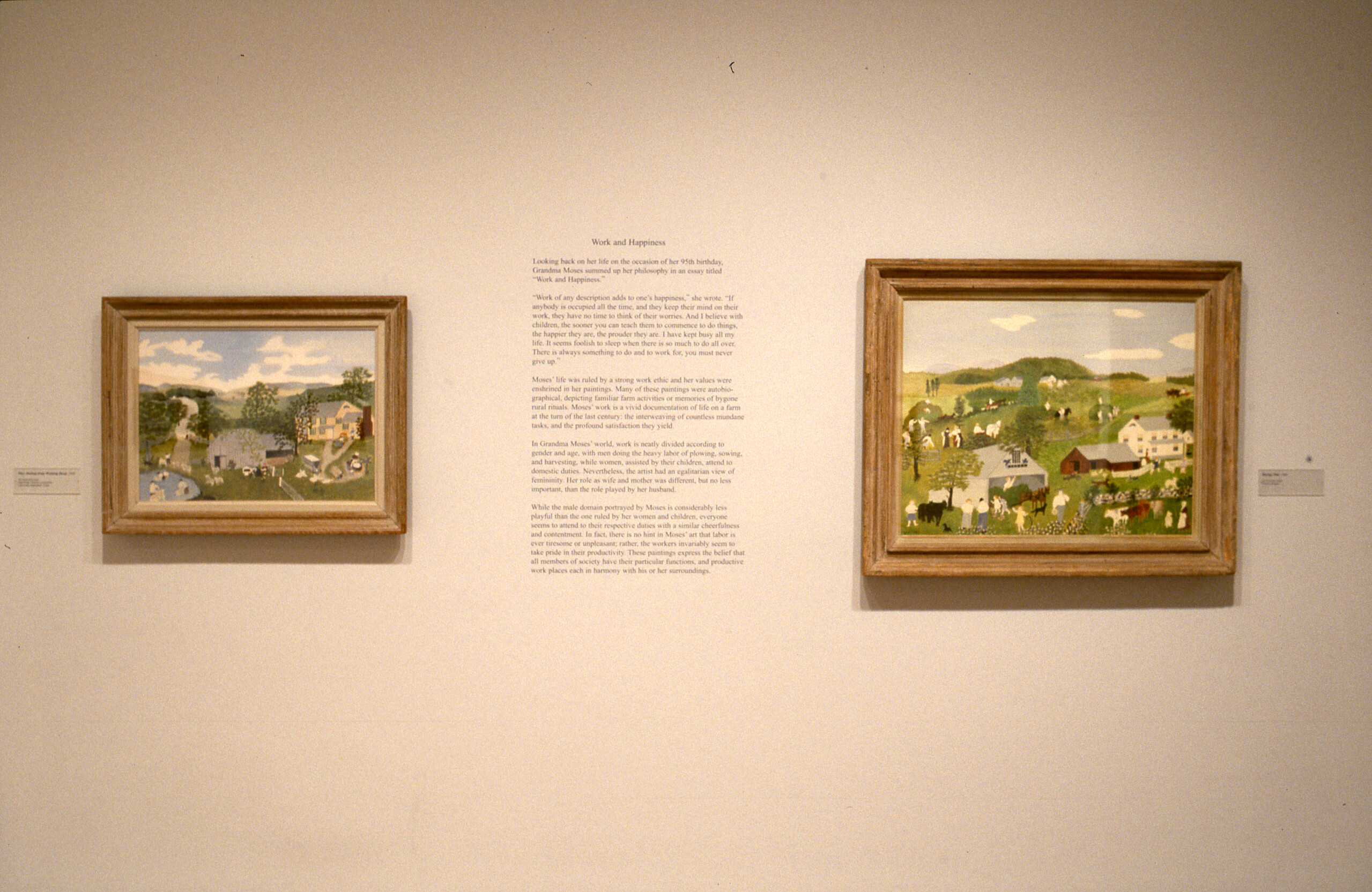 Two paintings of landscapes hang next to each other on a white wall. In between them is an exhibition text. The paintings depict farms on lush, green meadows.