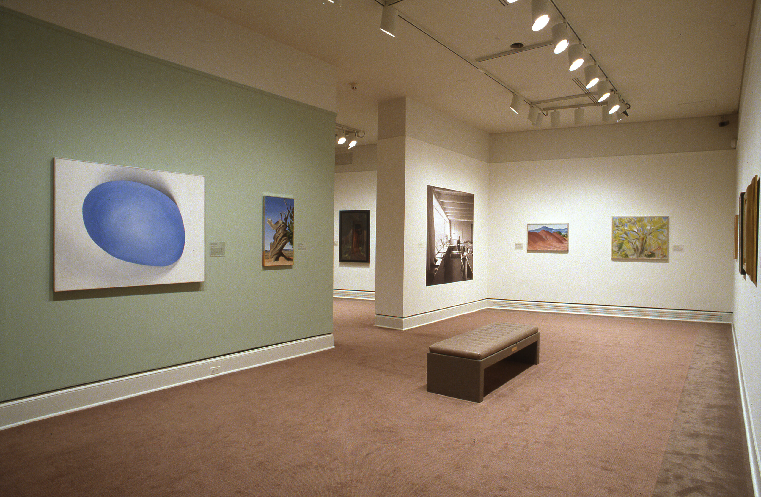 An installation image of an exhibition space with several paintings hung on walls. The paintings to the left are hanging on a sage green wall.