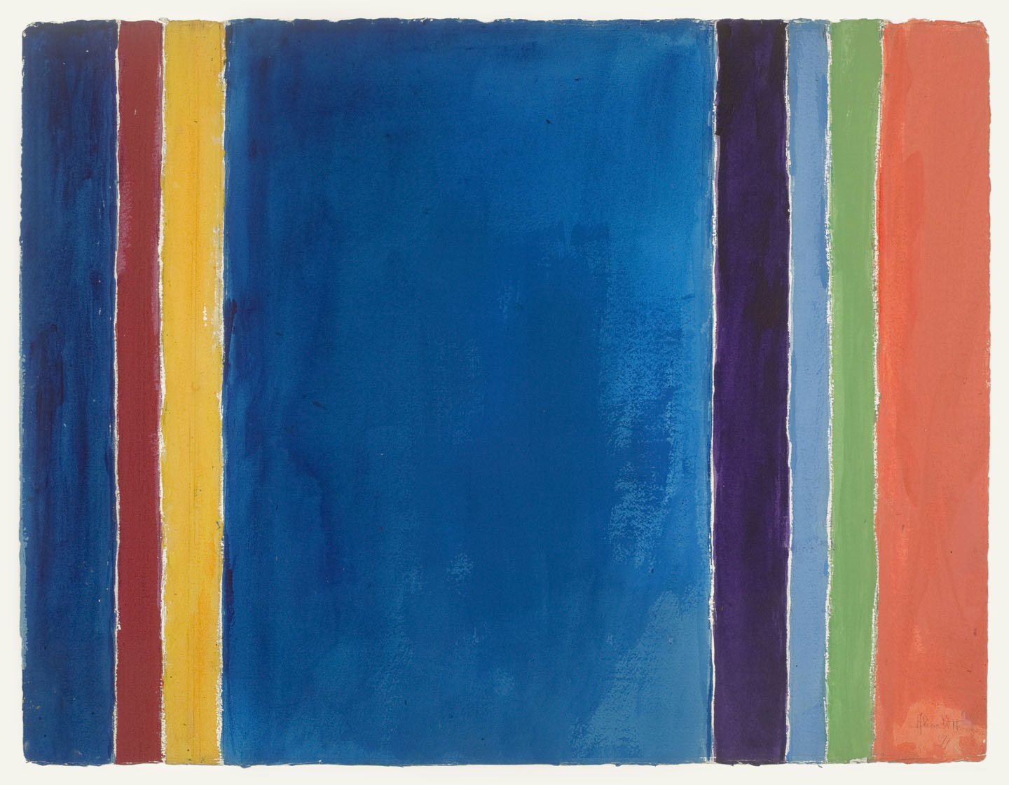 Several stripes in blue, red, yellow, green, orange, and purple are painted next to each other. In the middle, a blue strip dominates the painting as it takes up the most space.