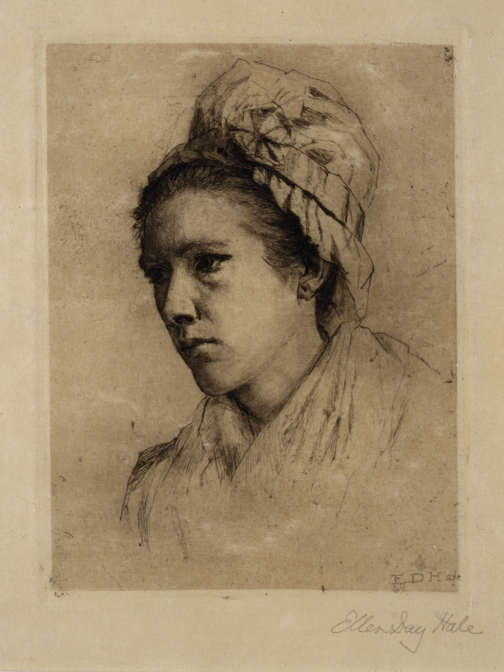 Print portrait in black ink against an ivory background of a young woman with light skintone in three quarter view wearing a tall bonnet-like cap and a hint of shawl modestly draped around her neck.