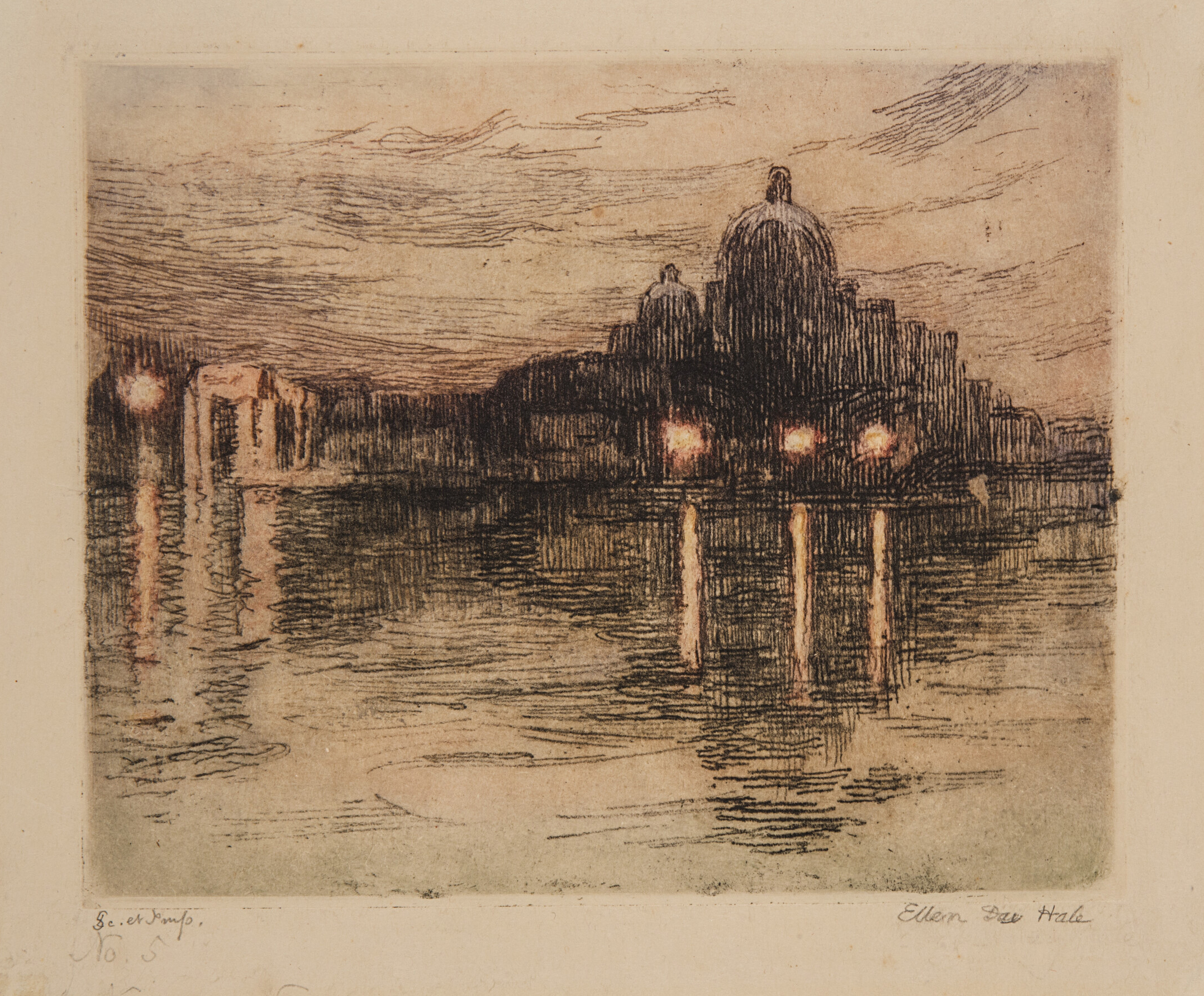 The skyline of Venice sits on the horizon, casting a hazy reflection of buildings and light in the water against a tan-golden background. The etched print has many thin, wavy, black horizontal lines to denote water and the sky in contrast to the tighter, more vertical lines of the buildings.