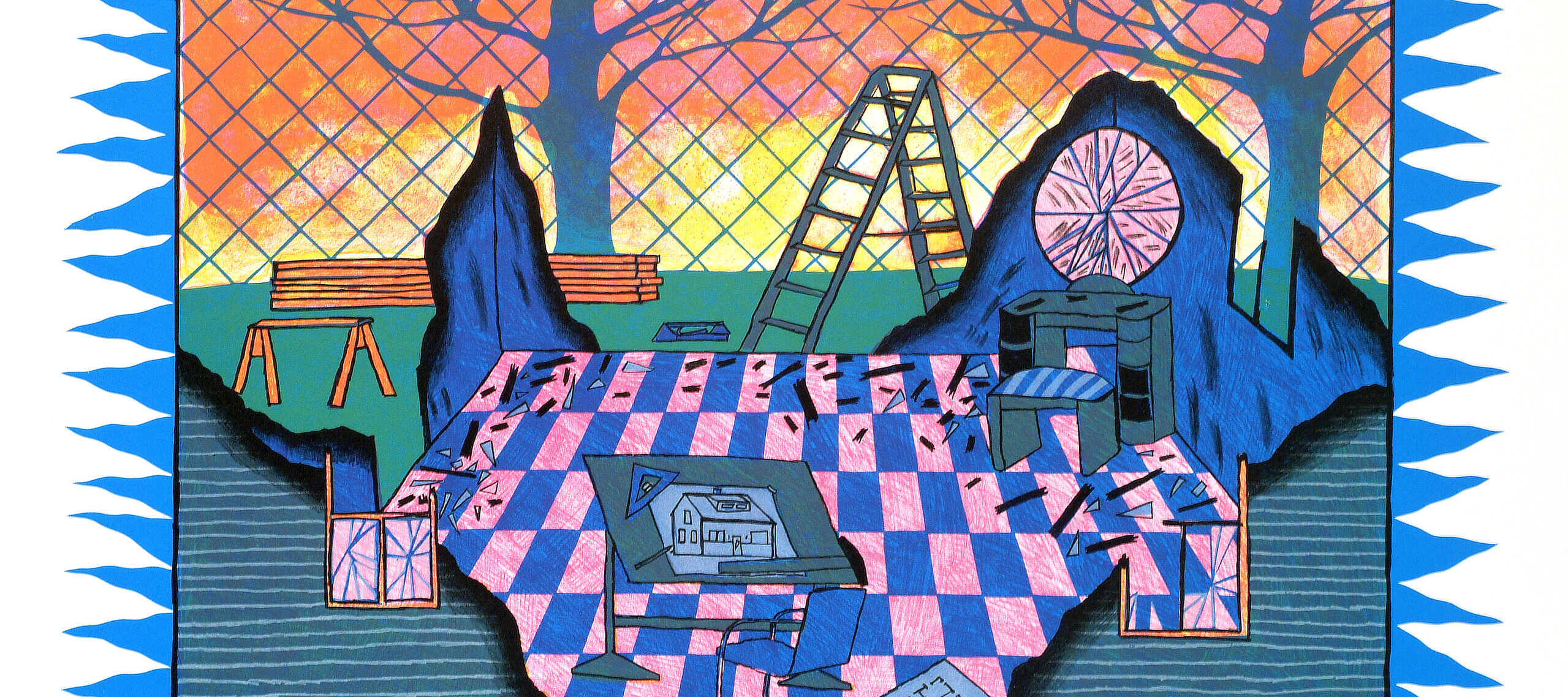 A surreal garden scene shows a park covered in a large gingham picnic blanket, a ladder, chairs standing on the blanket, and trees and a fence in the background. The scene seems surreal since the colors are not natural; they are bright pink tones and in the background, the sky seems like it is burning.
