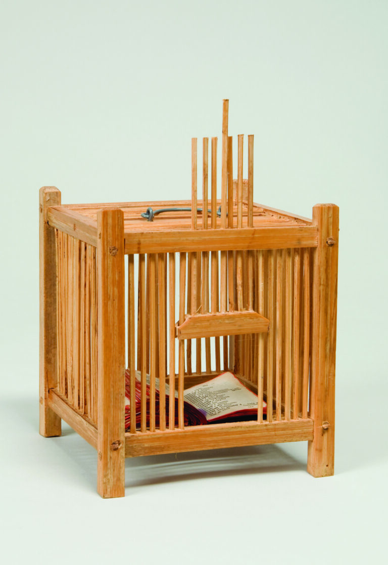 A square cage made out of light-colored wood with a wire handle on top. The opening gate is slid open to reveal a book flipped open within the cage.