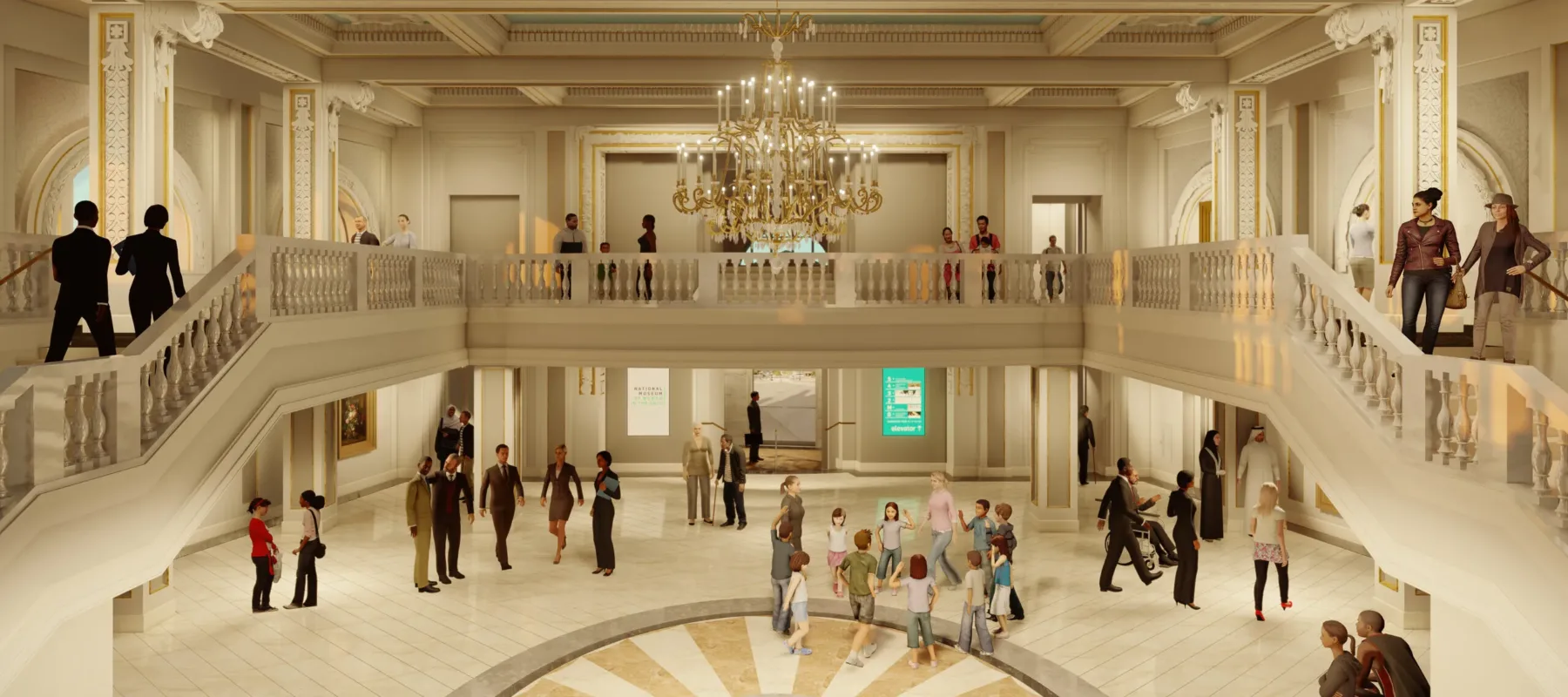 A digital rendering of a grand space with people of various ages and genders walking around. At ground level, a cream-colored marble floor features an oval pattern in the center of the room. Two staricases are on the sides and lead to a mezzanine level. A large crystal chandelier hangs from the center of the ceiling.