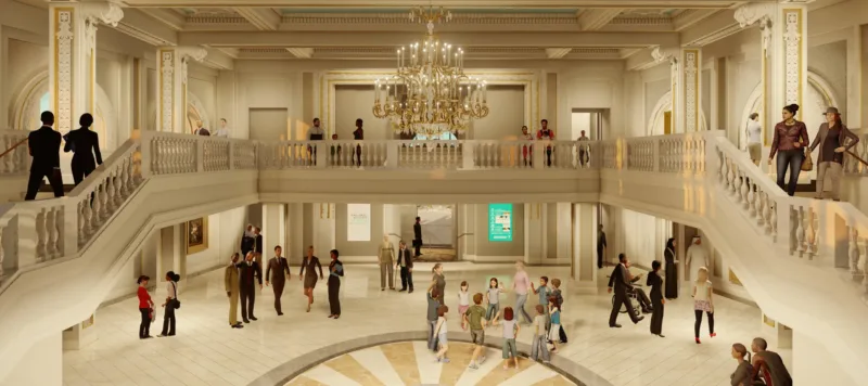 A digital rendering of a grand space with people of various ages and genders walking around. At ground level, a cream-colored marble floor features an oval pattern in the center of the room. Two staricases are on the sides and lead to a mezzanine level. A large crystal chandelier hangs from the center of the ceiling.