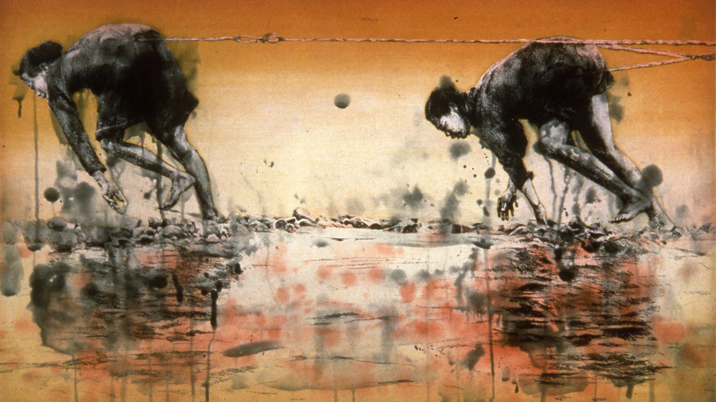 Two monochromatic women, both facing the left, are lined up and bending down as if scrambling through a rocky, shallow river. The background has tints of yellow and orange, and there are watery black ink marks splattering the surface.