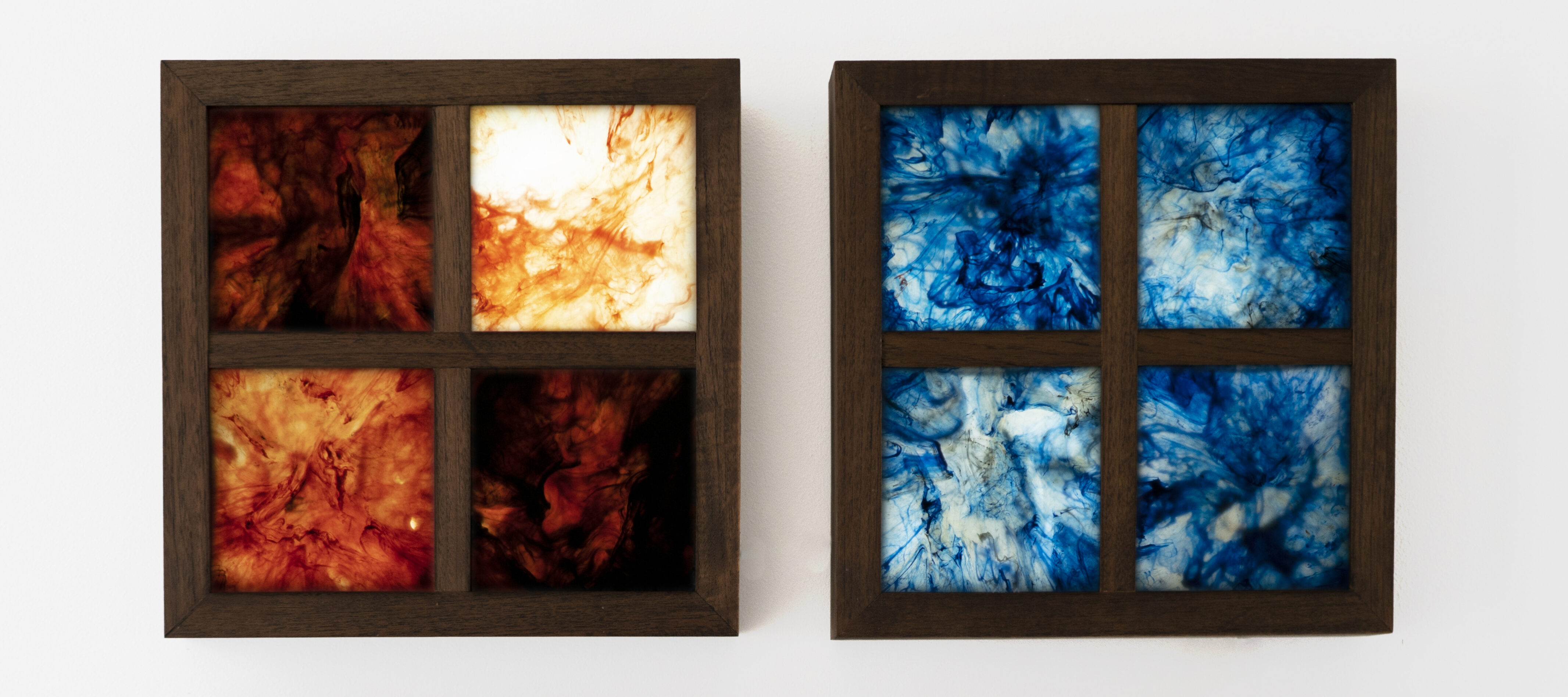 Four square frames feature four quadrants of abstract patterns and a specific color palette: light and dark blue; mossy green; orange and red; pink and purple.