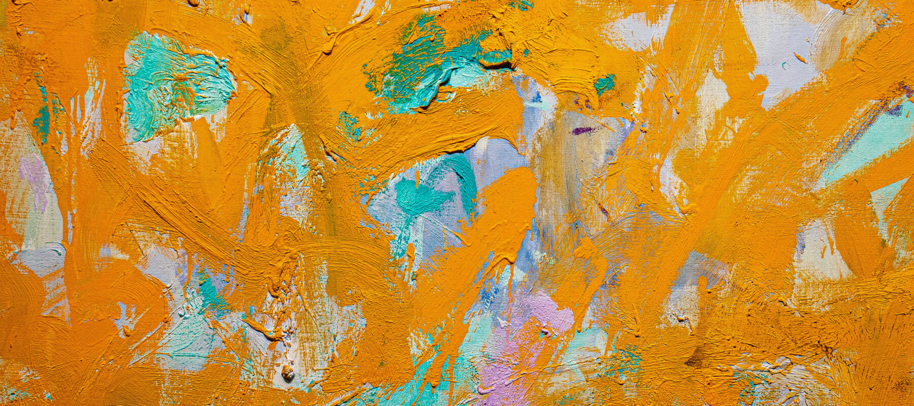 Close-up detail of an abstract painting with very thick and gestural brushstrokes of mostly orange paint.