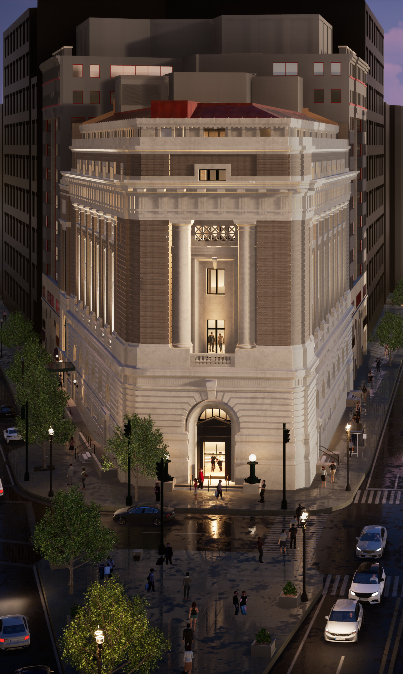 A digital rendering shows the exterior of a historic building in an urban setting at night. Interior lights shine onto the street below. The building is several stories tall, constructed of gray and tan stone, with an arched doorway, high windows, and detailed cornice around the roof. Tiny digitally rendered people are visible inside through the windows and walking on the street outside.