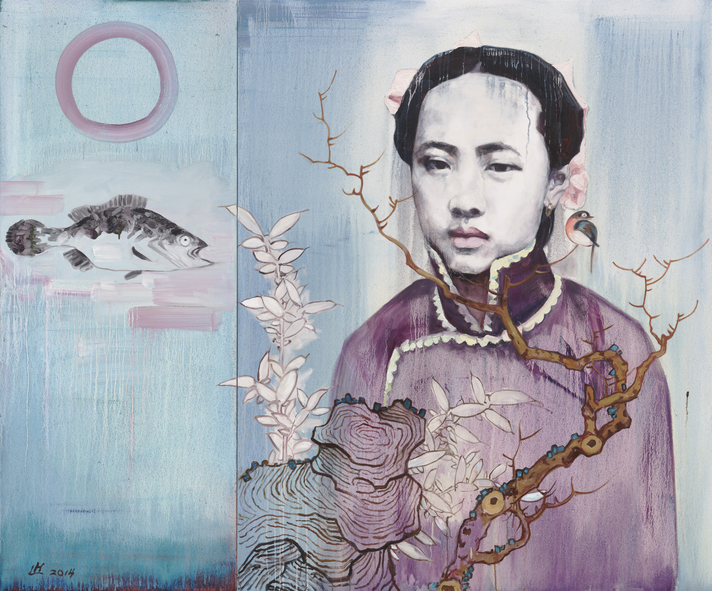 A square painting with layered, dripping textures of a Chinese woman with dark hair and a traditional dress. She gazes straightforward at the viewer. In front of her, a tree branch extends upward and a bird perches on the end of it. The background consists of two different shades of blue and on the left side of the canvas an open-mouthed fish points towards the woman.