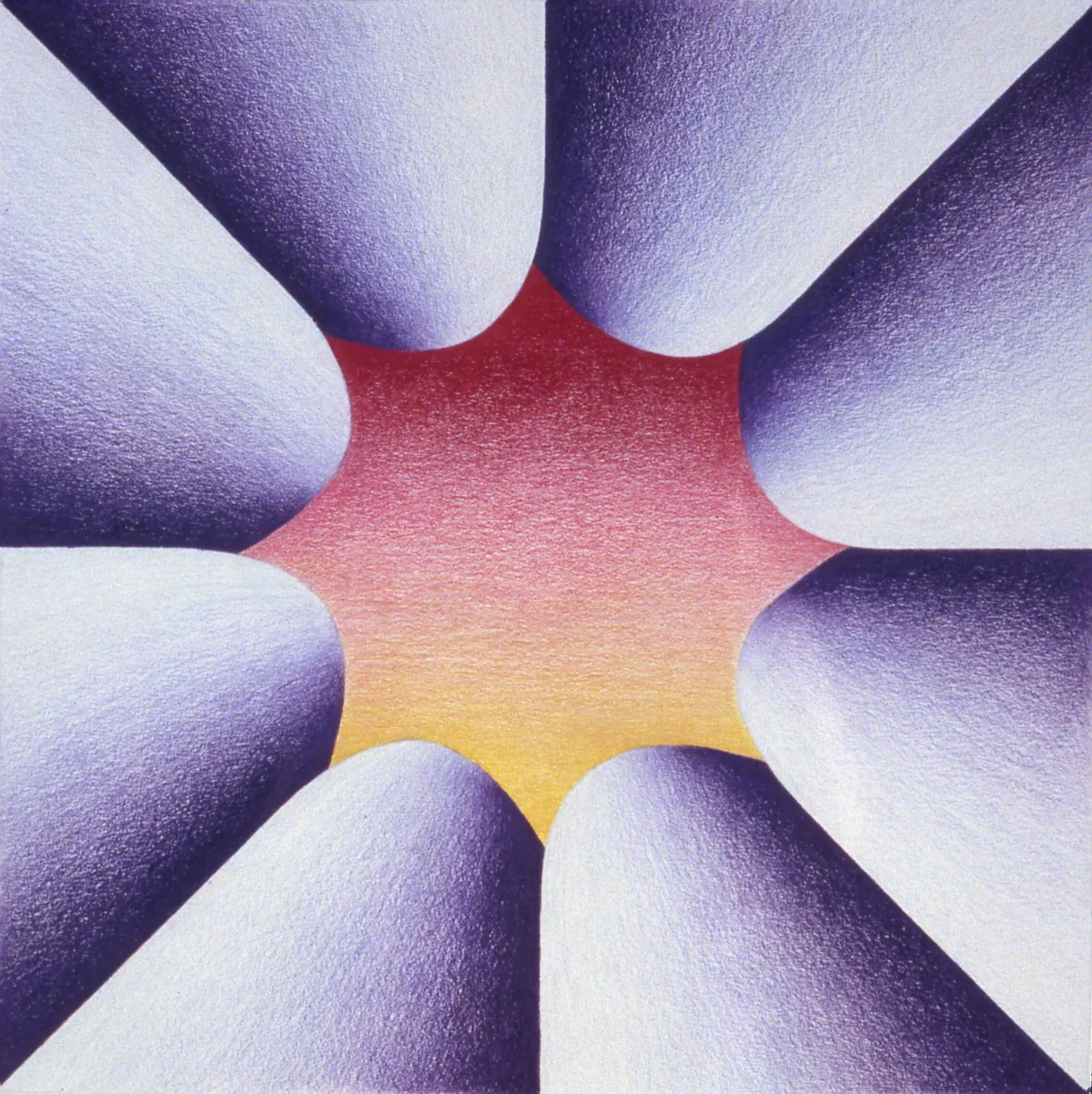 A lilac and red, abstract flower. The inner part in red and yellow looks like a sun, while the lilac leaves are reminiscent of mountains, stacked neatly around the sun.