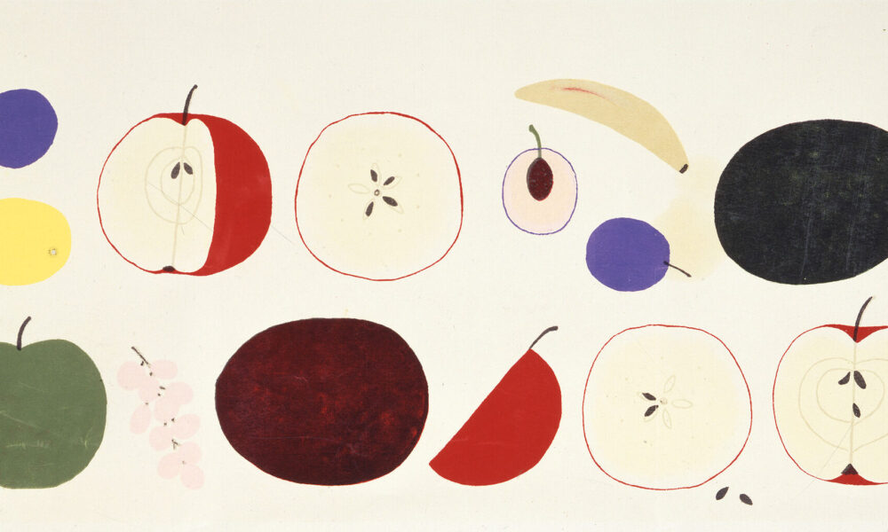 Two rows of colorfully painted fruits on a white background, mostly red apples with slices cut out of them. Other fruits depicted include plums, a banana, grapes, a green apple, and a lemon.