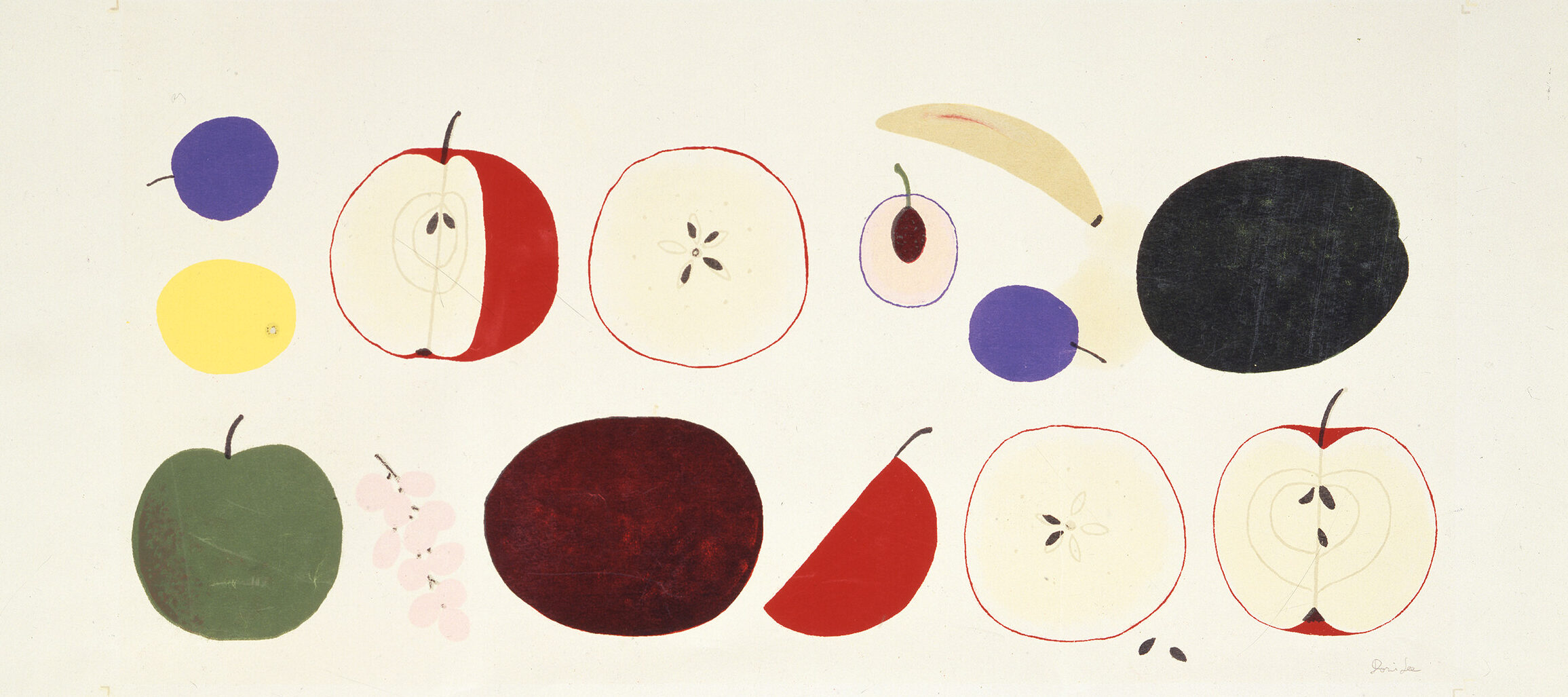 Two rows of colorfully painted fruits on a white background, mostly red apples with slices cut out of them. Other fruits depicted include plums, a banana, grapes, a green apple, and a lemon.