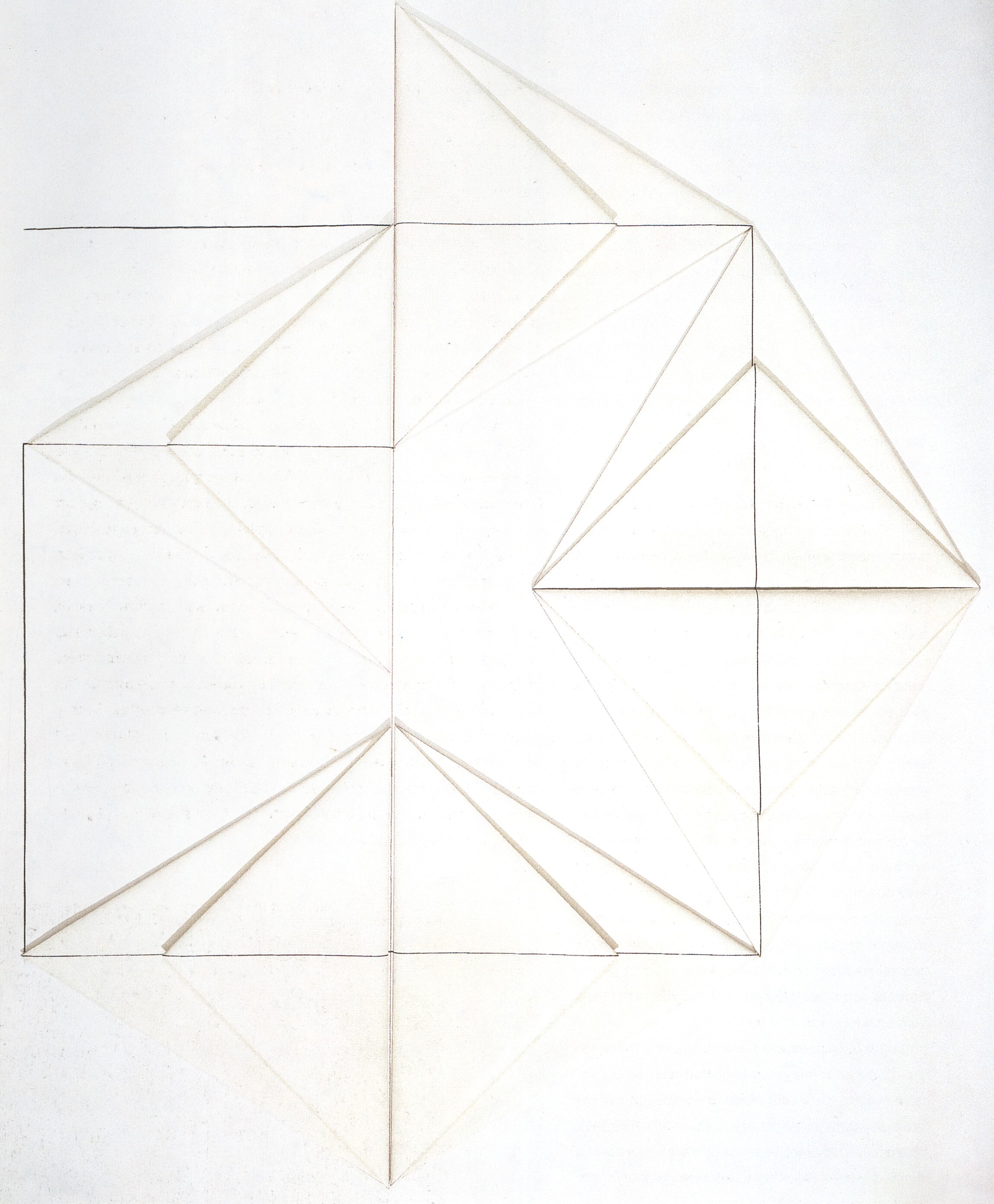 Six folded white triangles resembling origami form a large geometric shape on a white background. Connected by a continuous line that bisects their center, the corners of each triangle touch and encourage the eye to move in a circular fashion.