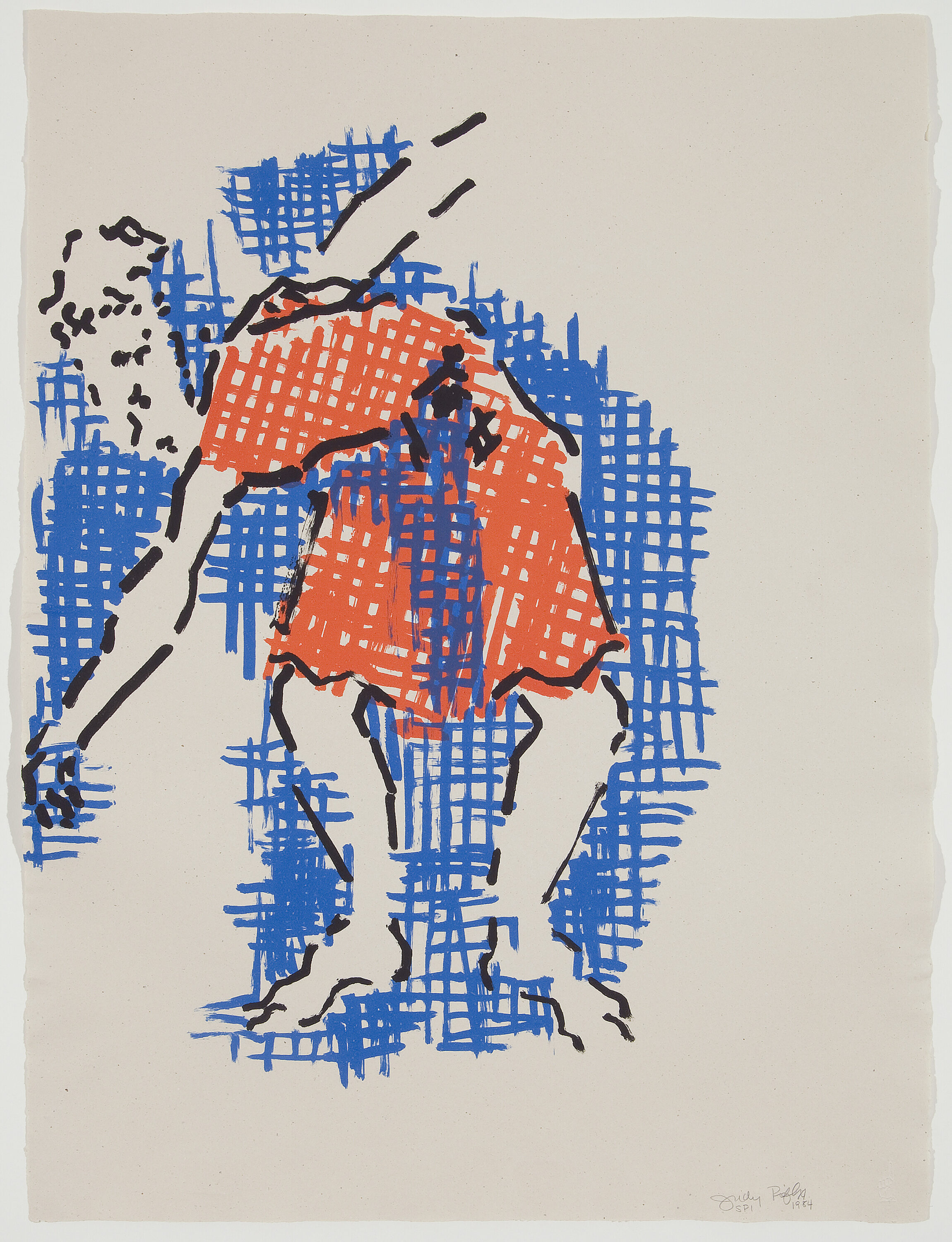 A print of a figure sketched in black lines, seemingly dancing. She wears an orange dress, whcih is depicted with crosshatched strokes. The same technique is used for a blue background that illuminates the figure.