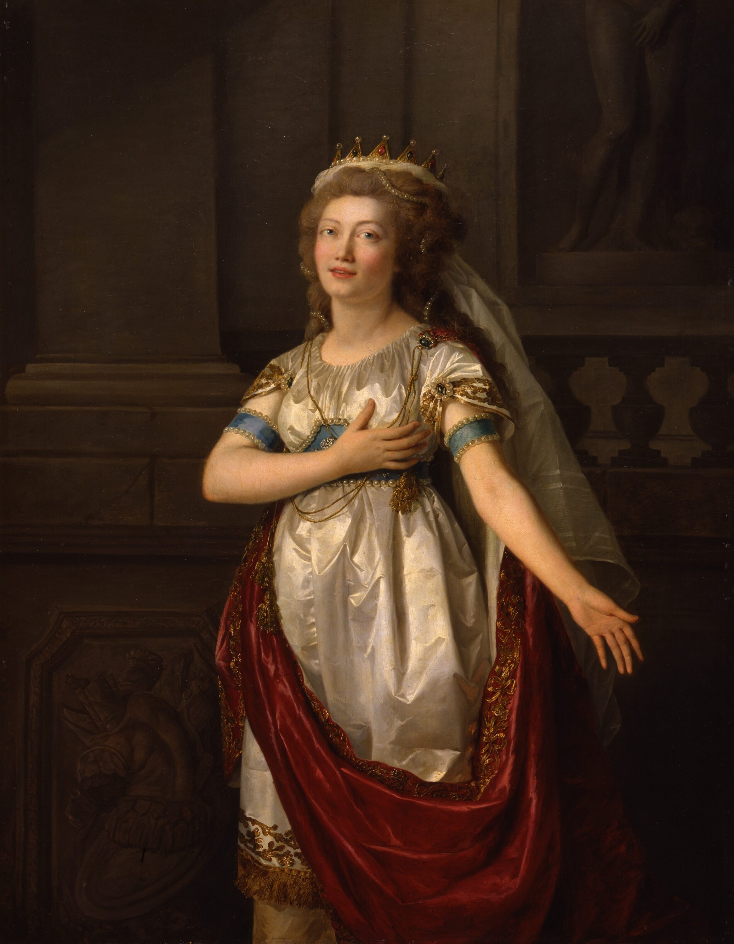 Realistic painting of a light-skinned woman with elaborately-coiffed medium-brown hair, gazing at the viewer, wearing a classic white silk dress and red draped cape with gold embellishments, gesturing dramatically with one hand over her heart and the other extended outward.