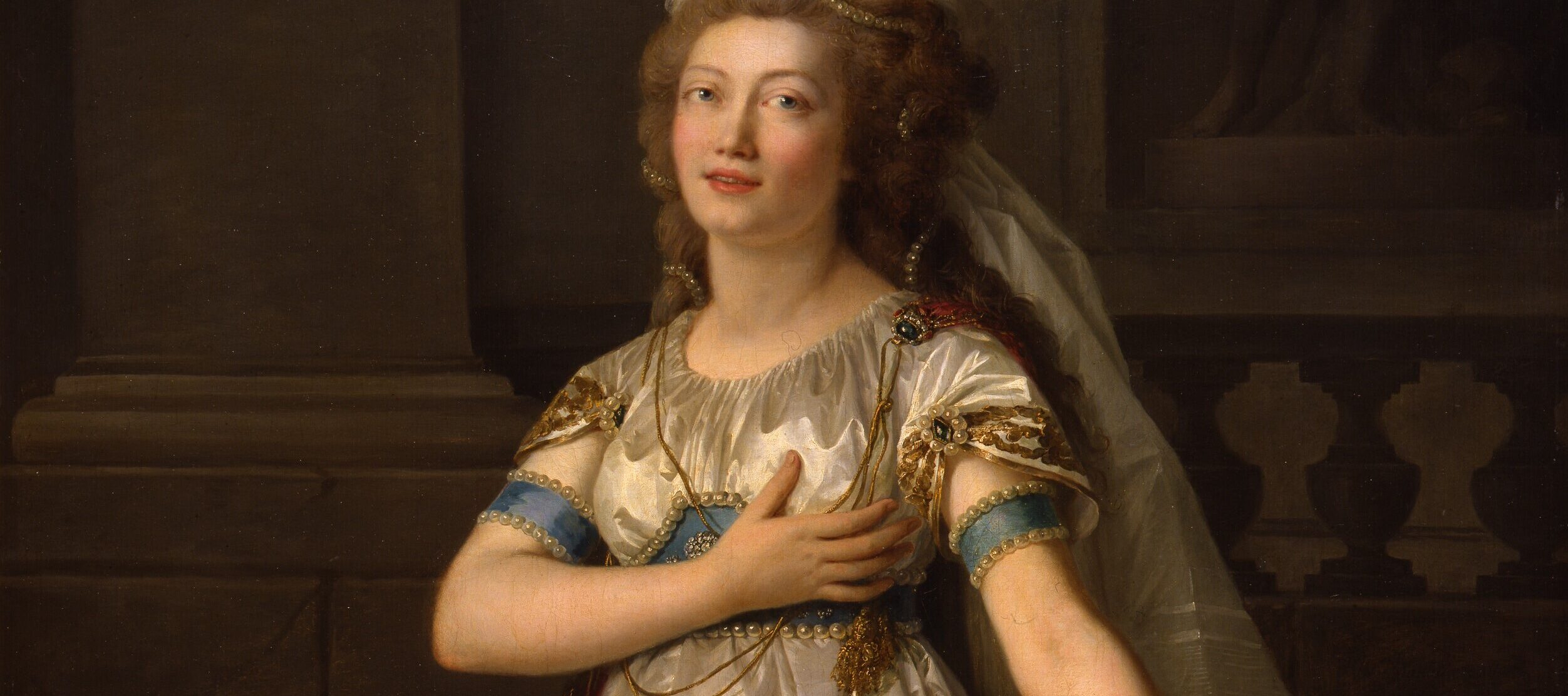 Realistic painting of a light-skinned woman with elaborately-coiffed medium-brown hair, gazing at the viewer, wearing a classic white silk dress and red draped cape with gold embellishments, gesturing dramatically with one hand over her heart and the other extended outward.